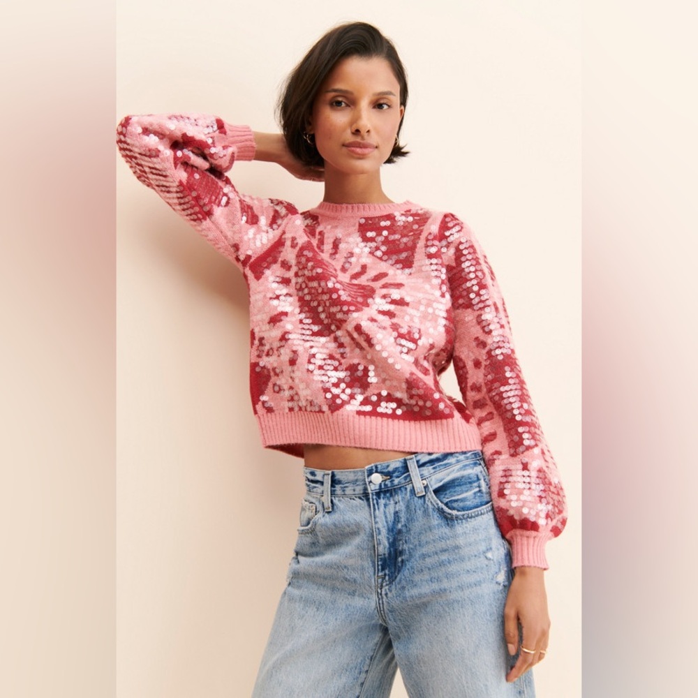 NWOT Heart Pattern Crewneck Sequin Sweater FARM RIO SMALL